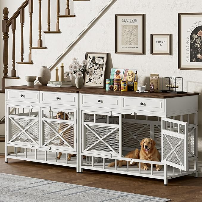 IRONCK 44 inch Large Dog Crate Furniture, Wooden Dog Kennel with Storage Drawers for Medium/Large Dogs, Decorative Dogs Kennel Indoor, White and Walnut - PhishStones Products