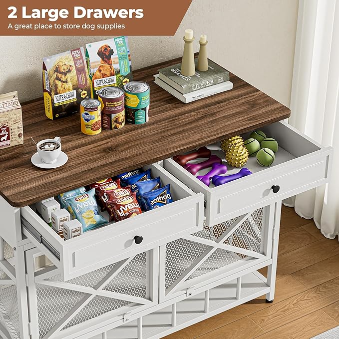 IRONCK 44 inch Large Dog Crate Furniture, Wooden Dog Kennel with Storage Drawers for Medium/Large Dogs, Decorative Dogs Kennel Indoor, White and Walnut - PhishStones Products