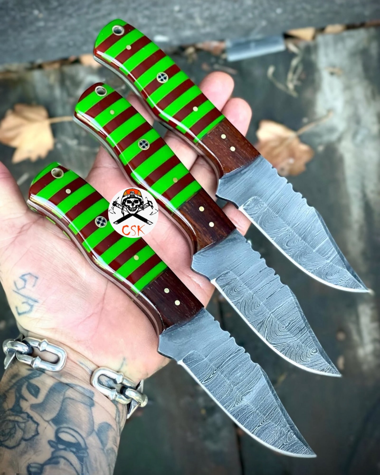 Jail Bird Damascus Hunting Set With Green & Brown Handle - PhishStones Products