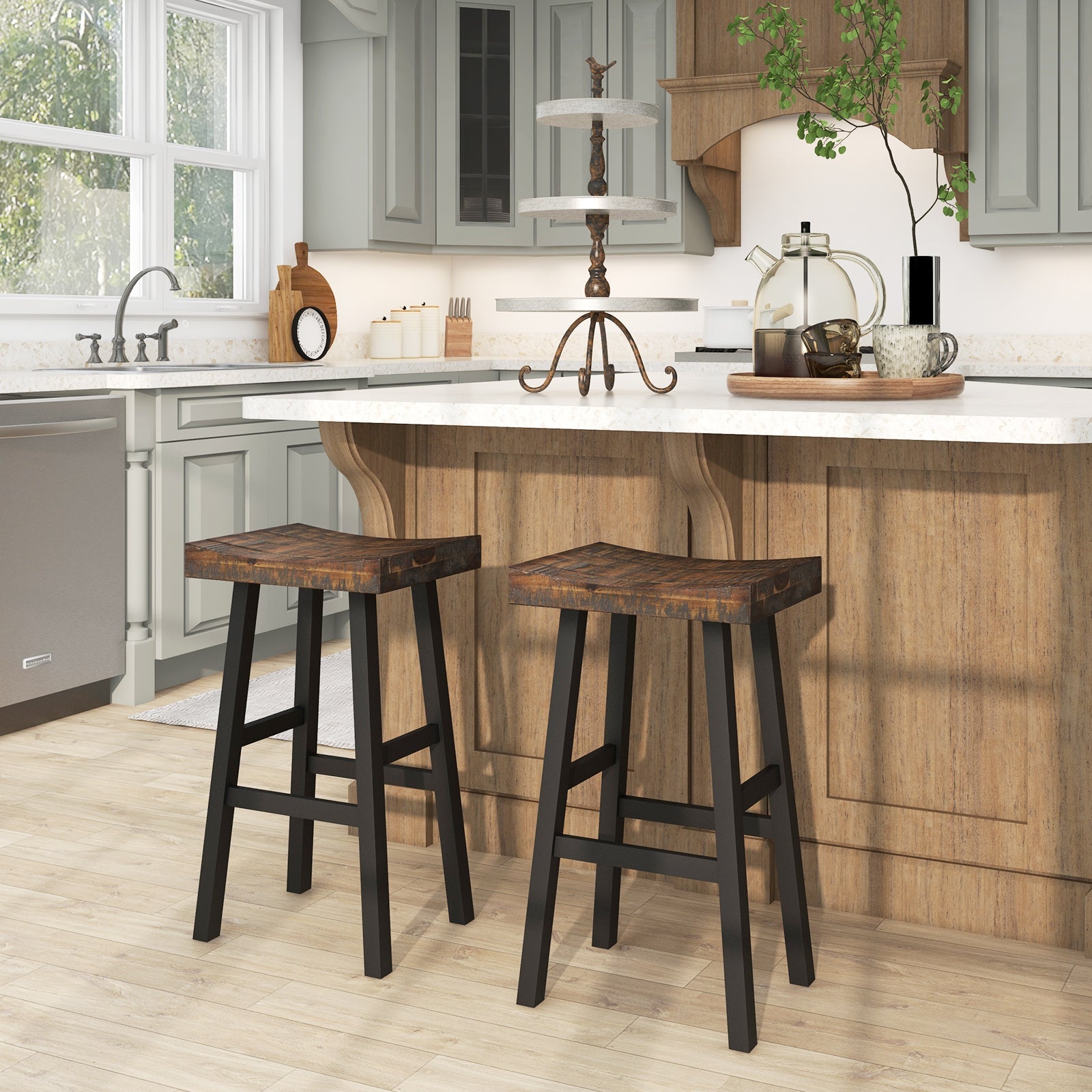 24 Inch Solid Wood Saddle-Seat with Curved Seat Surface and Comfortable Footrests
