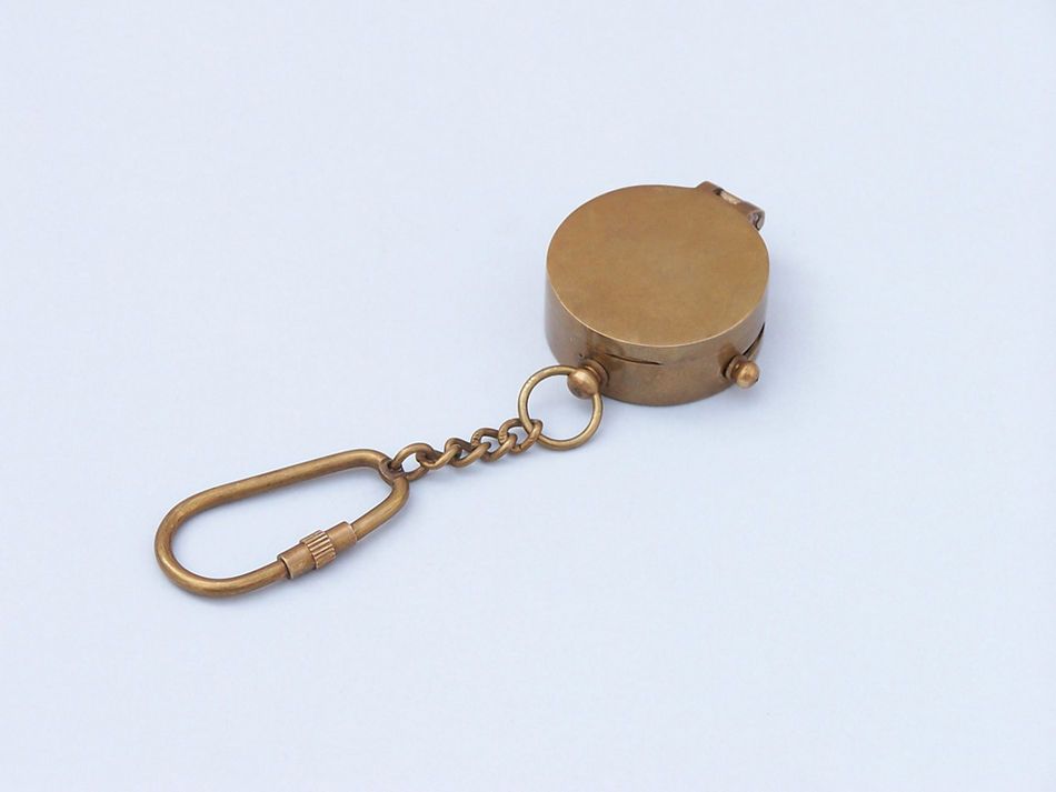 Antique Brass Compass w/ Lid Key Chain 5""