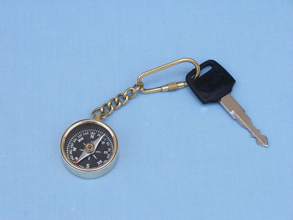 Solid Brass Compass Key Chain 5""