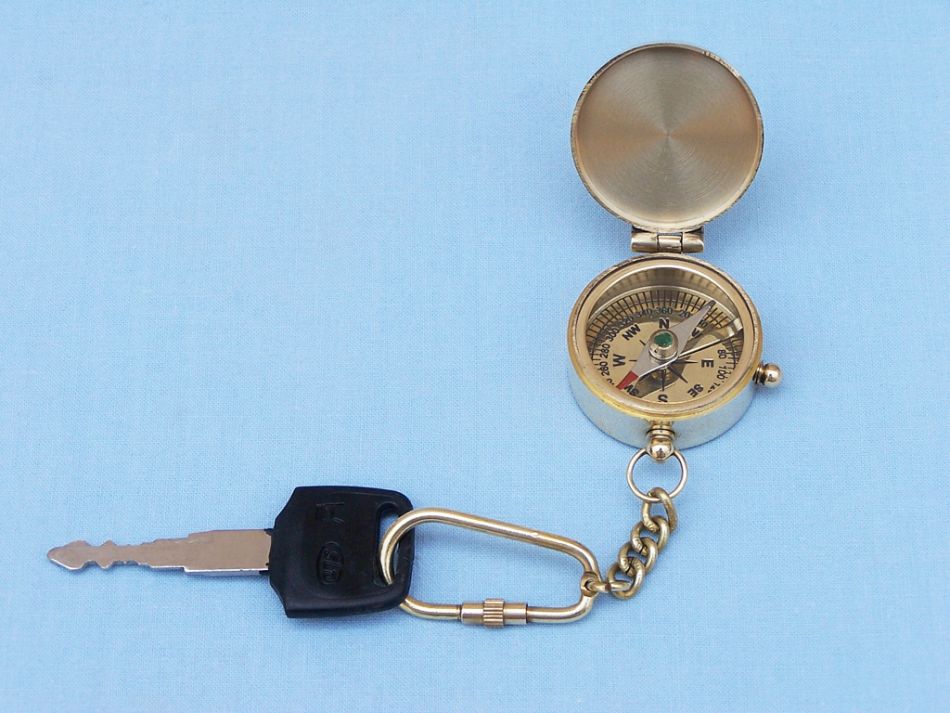 Solid Brass Compass w/Lid Key Chain 5""