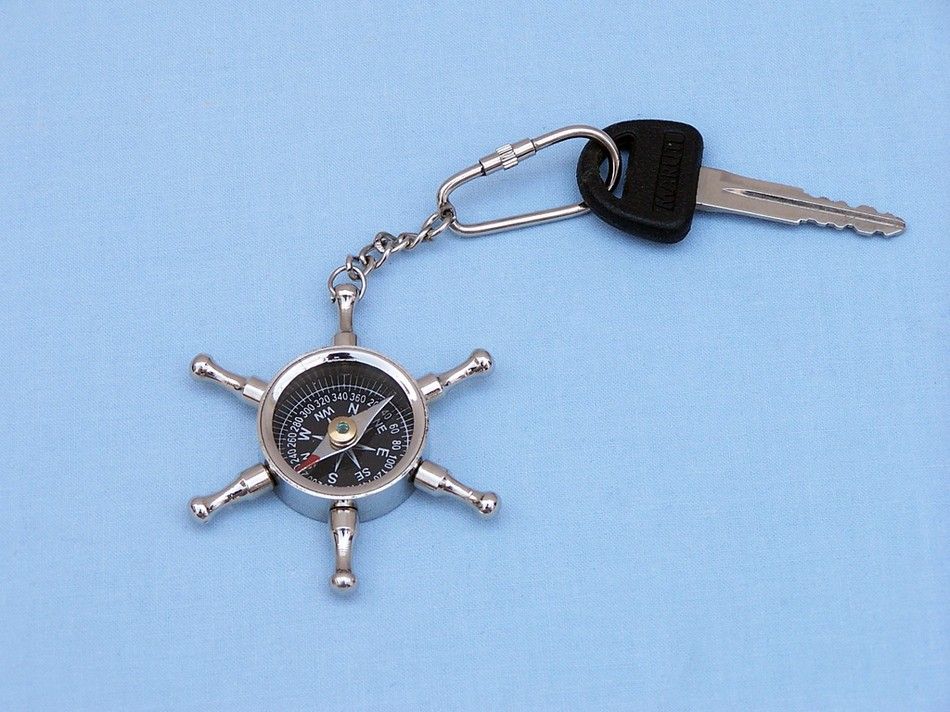 Chrome Ship Wheel Compass Key Chain 5""