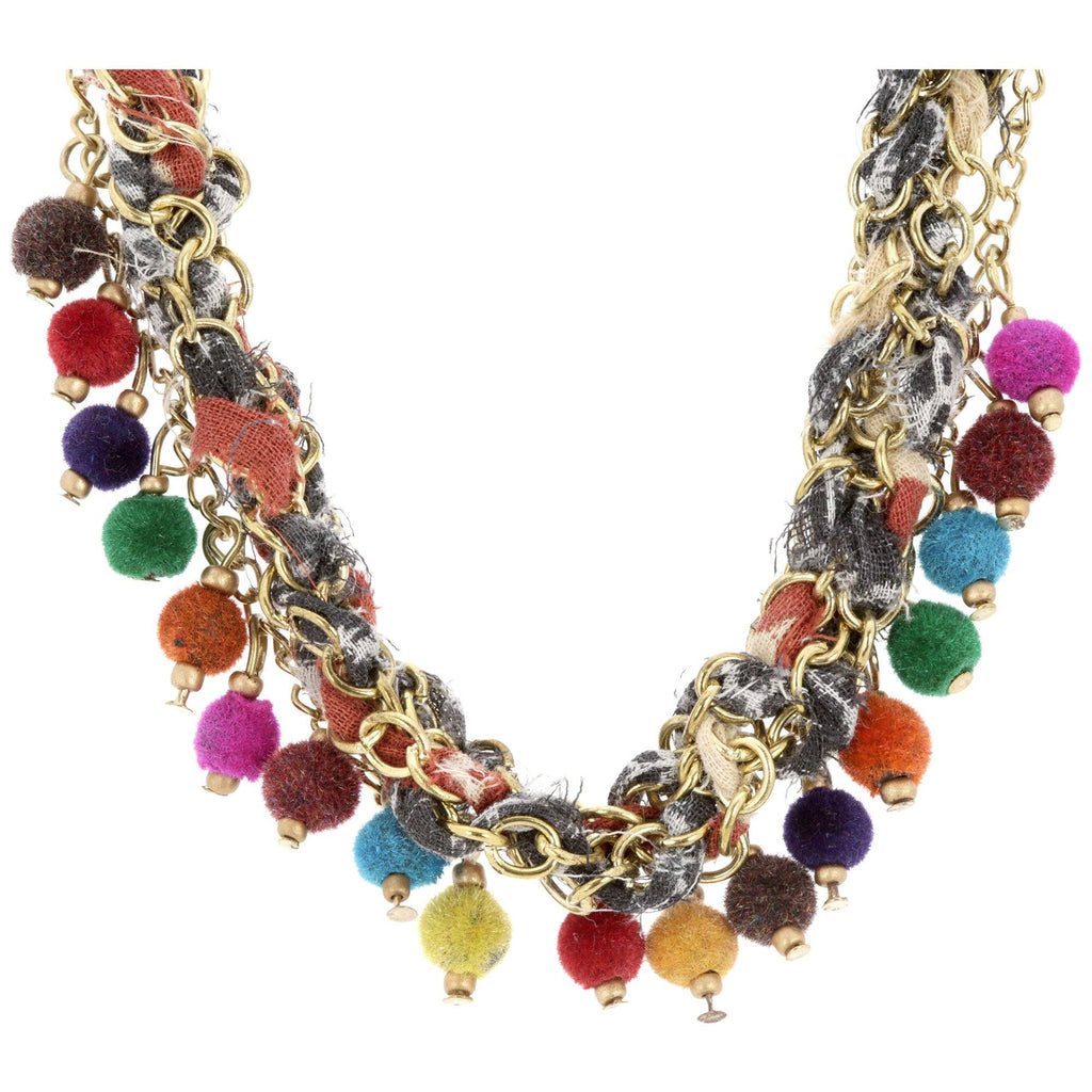 GreaterGood Kantha Carnival Necklace - Recycled Textile Double-Strand Brass Chain
