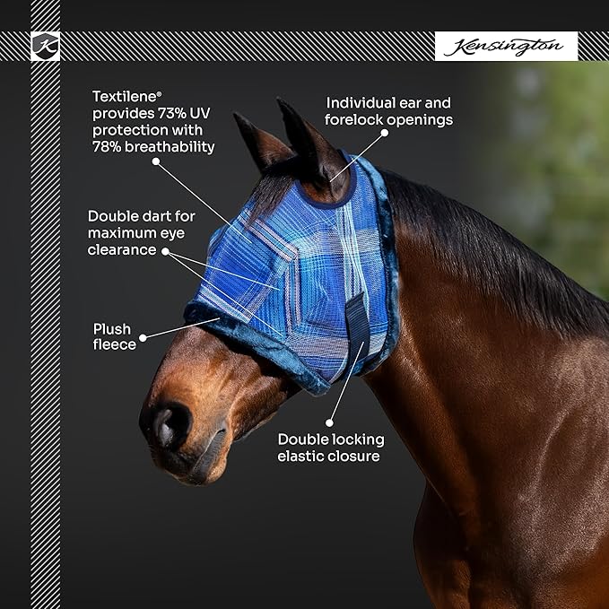Kensington UV Fly Mask with Fleece Trim - Protective Mask with Dual Ear Opening & Forelock Freedom - XLarge, Deluxe Black - PhishStones Products