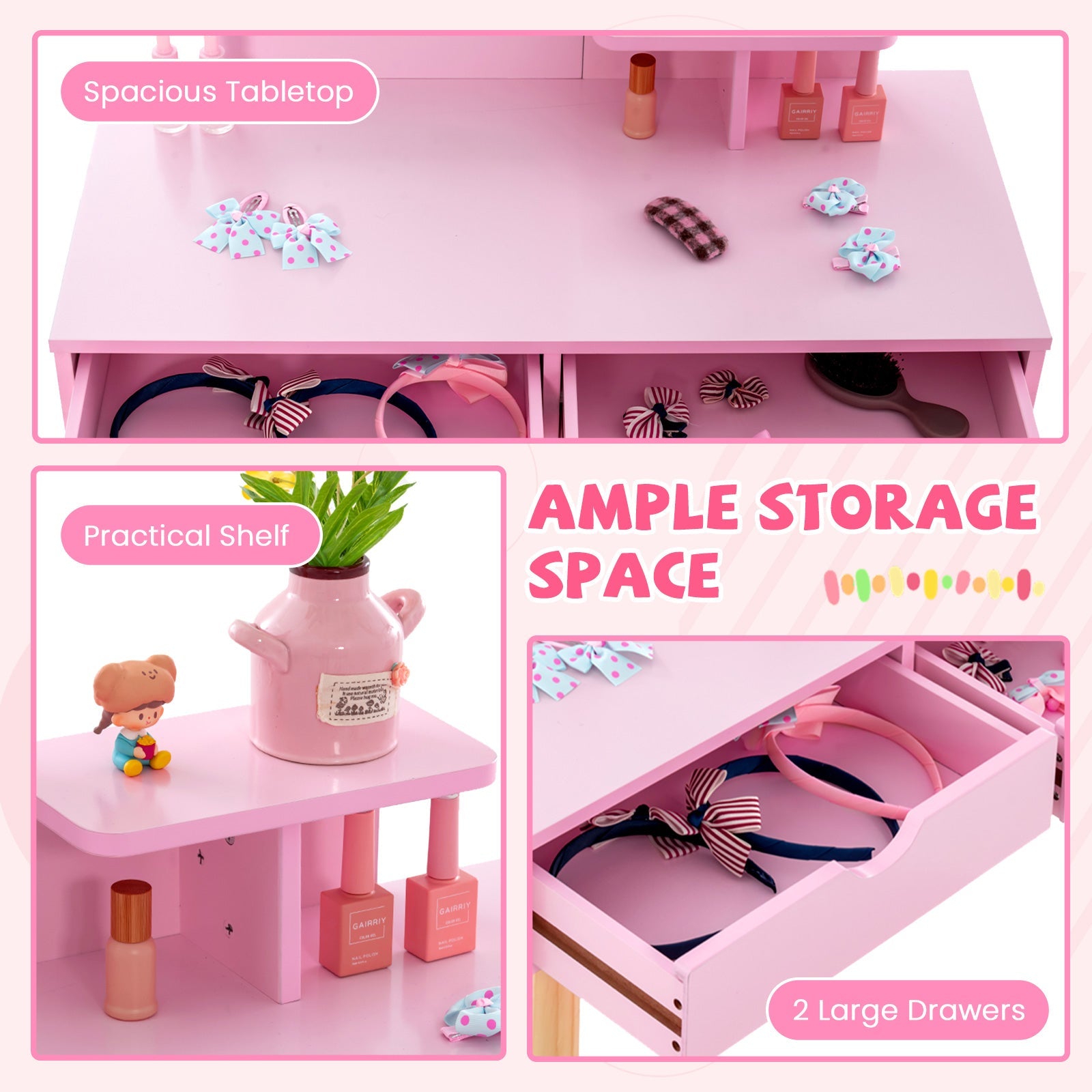Kid Vanity Table Chair Set with Mirror and 2 Large Storage Drawers-Pink
