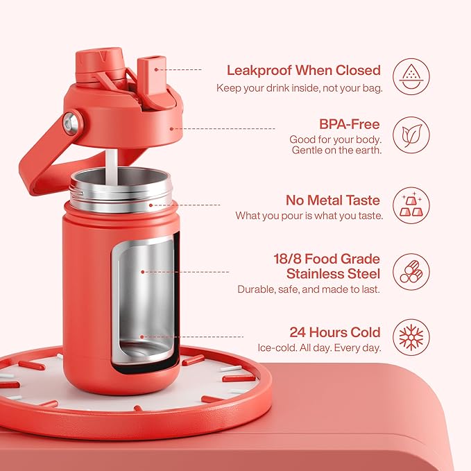 Kids Insualated Water Bottle with Straw - 12oz Stainless Steel Water Bottle with Dual Spouts, Leak - Proof, BPA - Free, Double Wall Vacuum Keeps Cold for 24 Hours for Sports, Travel, School (Tawny Orange) - PhishStones Products