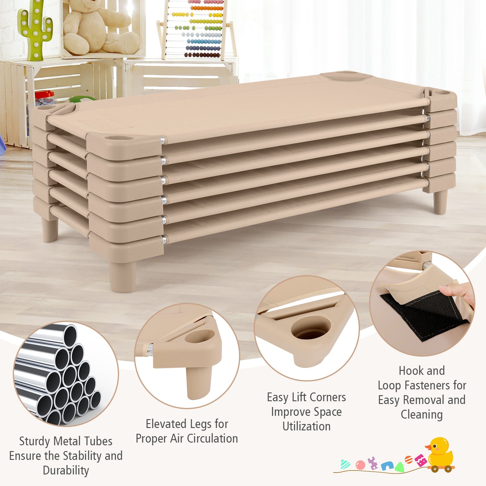 Kids Stackable Daycare Cot Pack of 6 with Detachable Oxford Cloth-Beige