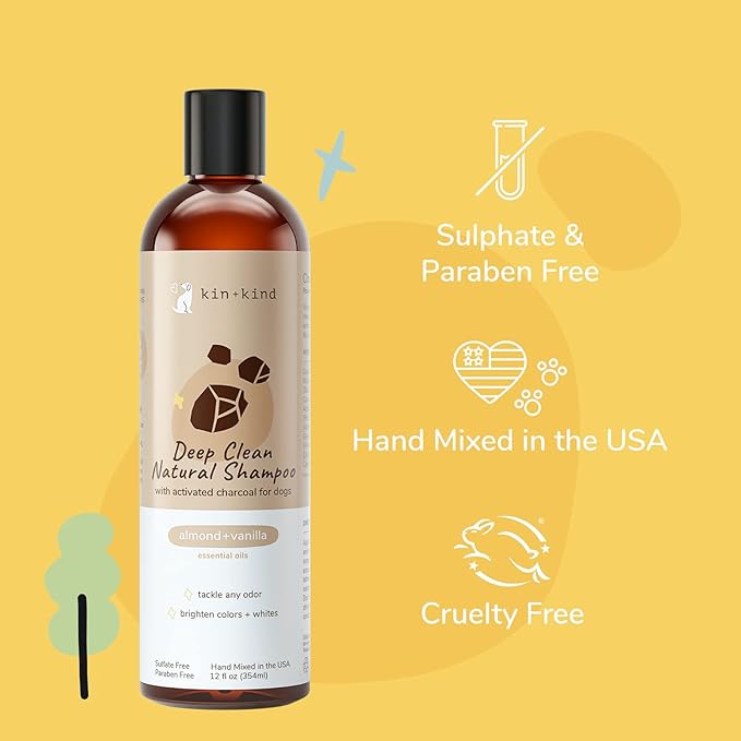 kin+kind Dog Shampoo - Deep Clean, Dirt & Odor Remover w/Activated Charcoal for Dogs, Gentle Formula w/Natural Aloe, Olive Oil & Coconut Oil, Pet Care & Grooming Products, Almond & Vanilla, 12 fl oz - PhishStones Products