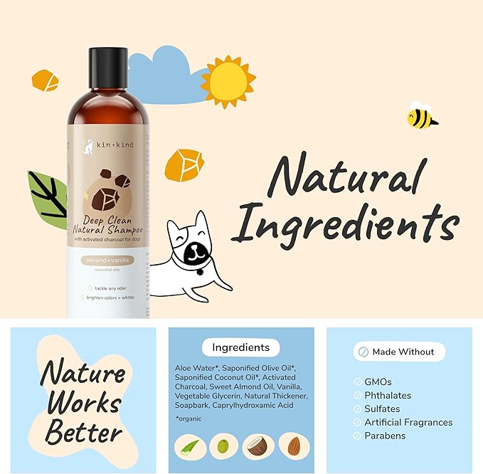kin+kind Dog Shampoo - Deep Clean, Dirt & Odor Remover w/Activated Charcoal for Dogs, Gentle Formula w/Natural Aloe, Olive Oil & Coconut Oil, Pet Care & Grooming Products, Almond & Vanilla, 12 fl oz - PhishStones Products