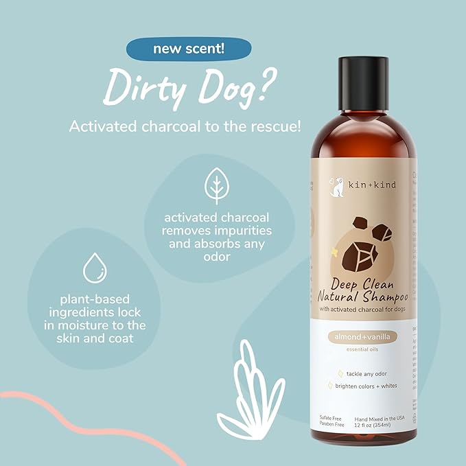 kin+kind Dog Shampoo - Deep Clean, Dirt & Odor Remover w/Activated Charcoal for Dogs, Gentle Formula w/Natural Aloe, Olive Oil & Coconut Oil, Pet Care & Grooming Products, Almond & Vanilla, 12 fl oz - PhishStones Products