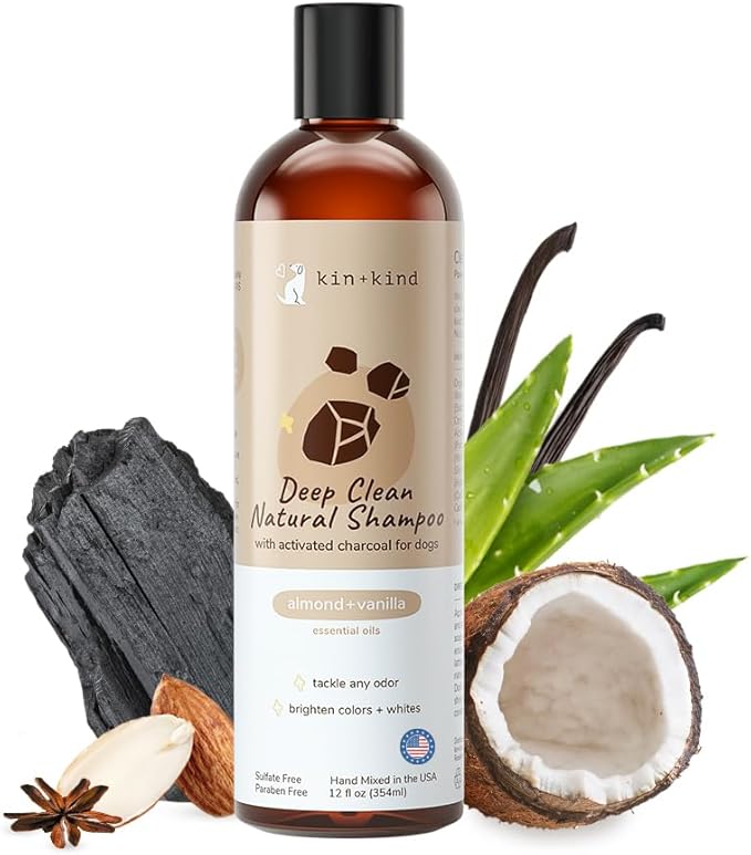 kin+kind Dog Shampoo - Deep Clean, Dirt & Odor Remover w/Activated Charcoal for Dogs, Gentle Formula w/Natural Aloe, Olive Oil & Coconut Oil, Pet Care & Grooming Products, Almond & Vanilla, 12 fl oz - PhishStones Products
