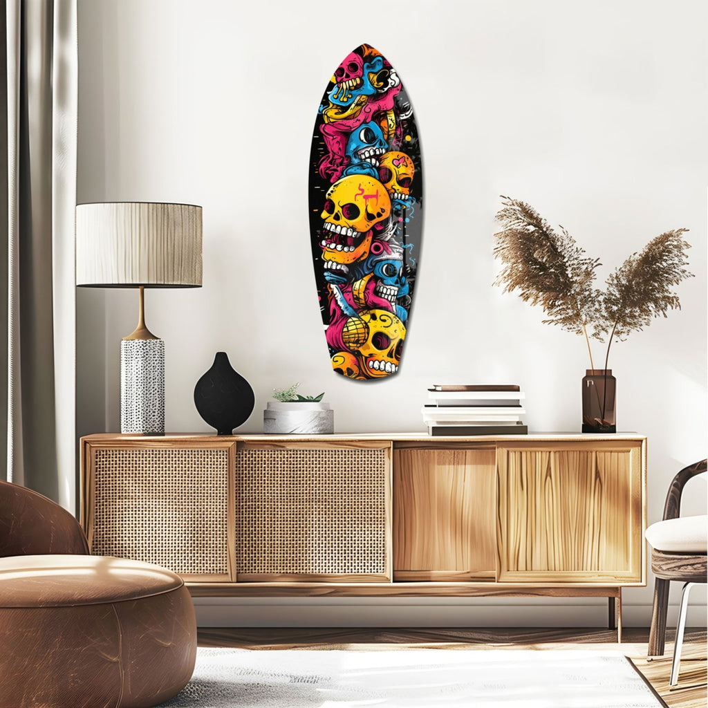 Stacked Yellow Cartoon Skulls Surfboard Glass Wall Art
