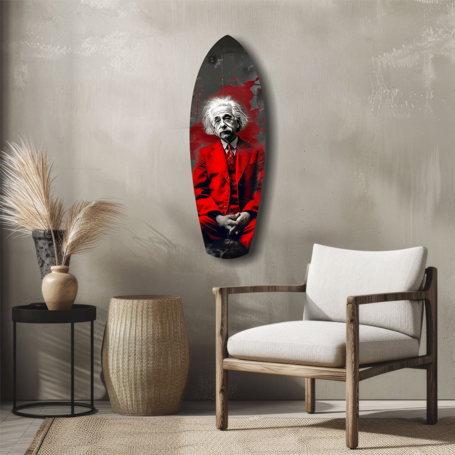 Red Suit Wild Haired Scientist Seated Glass Wall Art