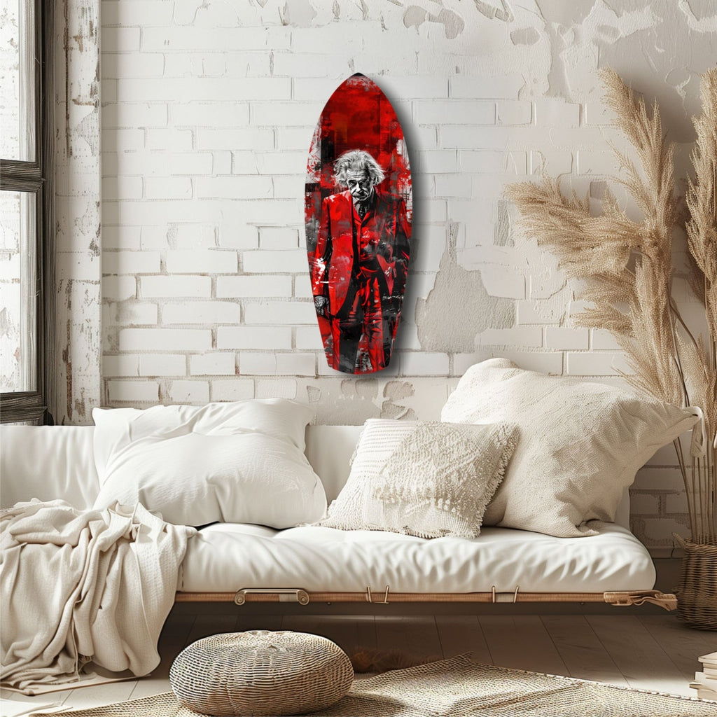 Scarlet Grunge Wild Haired Scientist Surfboard Glass Wall Art