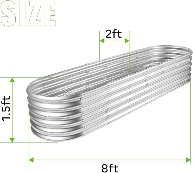 Land Guard 8×2×1.5ft Galvanized Raised Garden Bed Kit, Raised Garden Boxes Outdoor, Oval Metal Raised Garden Beds for Vegetables, Silver - PhishStones Products