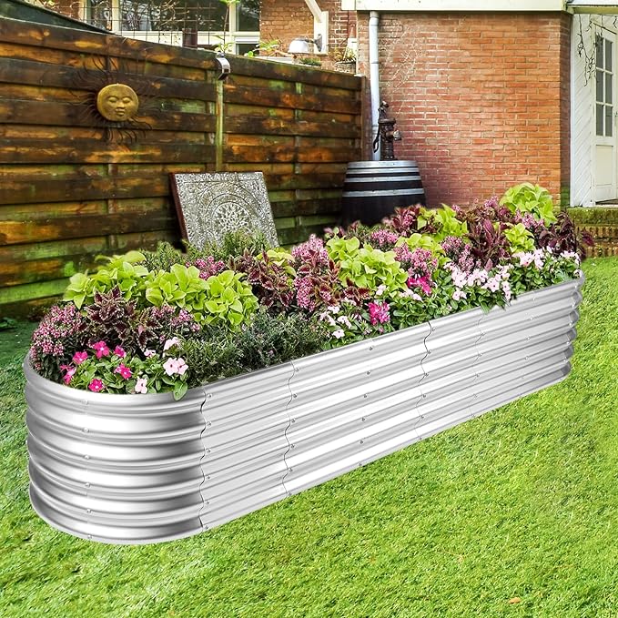 Land Guard 8×2×1.5ft Galvanized Raised Garden Bed Kit, Raised Garden Boxes Outdoor, Oval Metal Raised Garden Beds for Vegetables, Silver - PhishStones Products