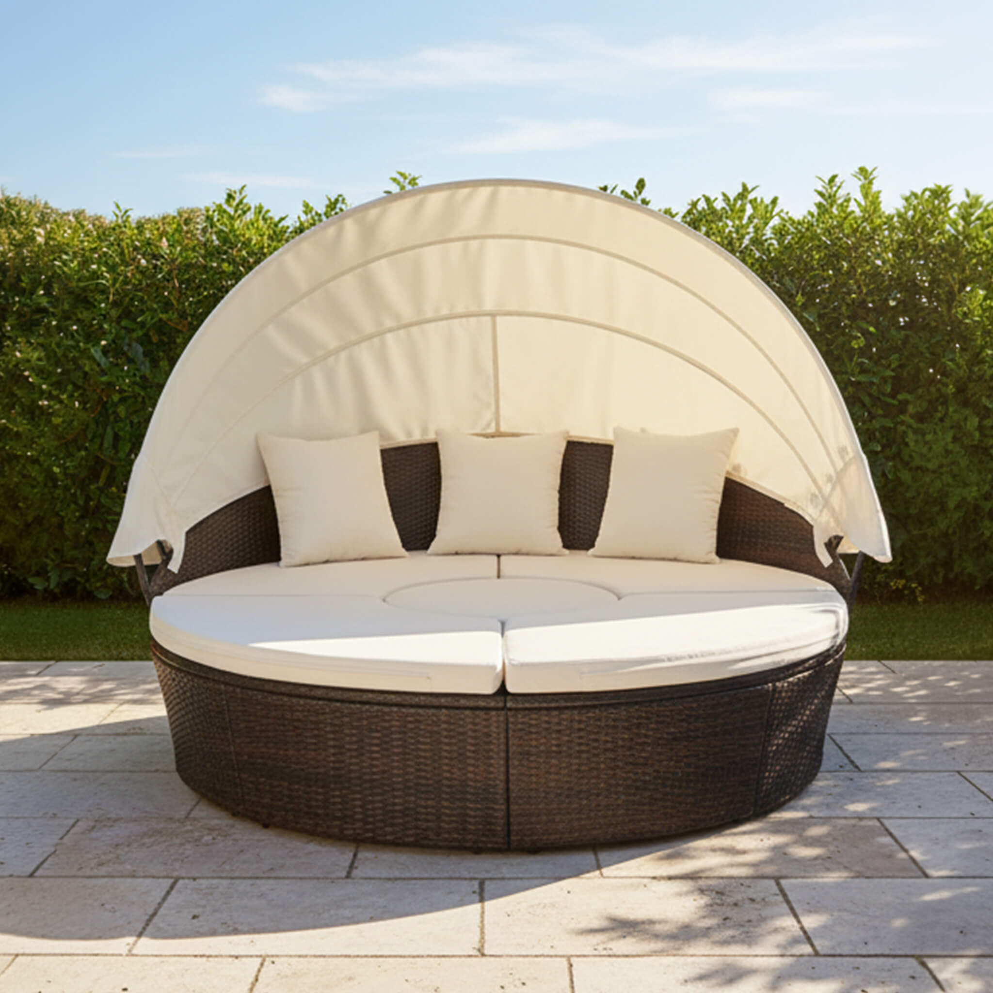 Alora Large 76-Inch Outdoor Patio Rattan Daybed Sofa W/ Adjustable Table Top, Canopy & 3 Pillows (SAK91254)