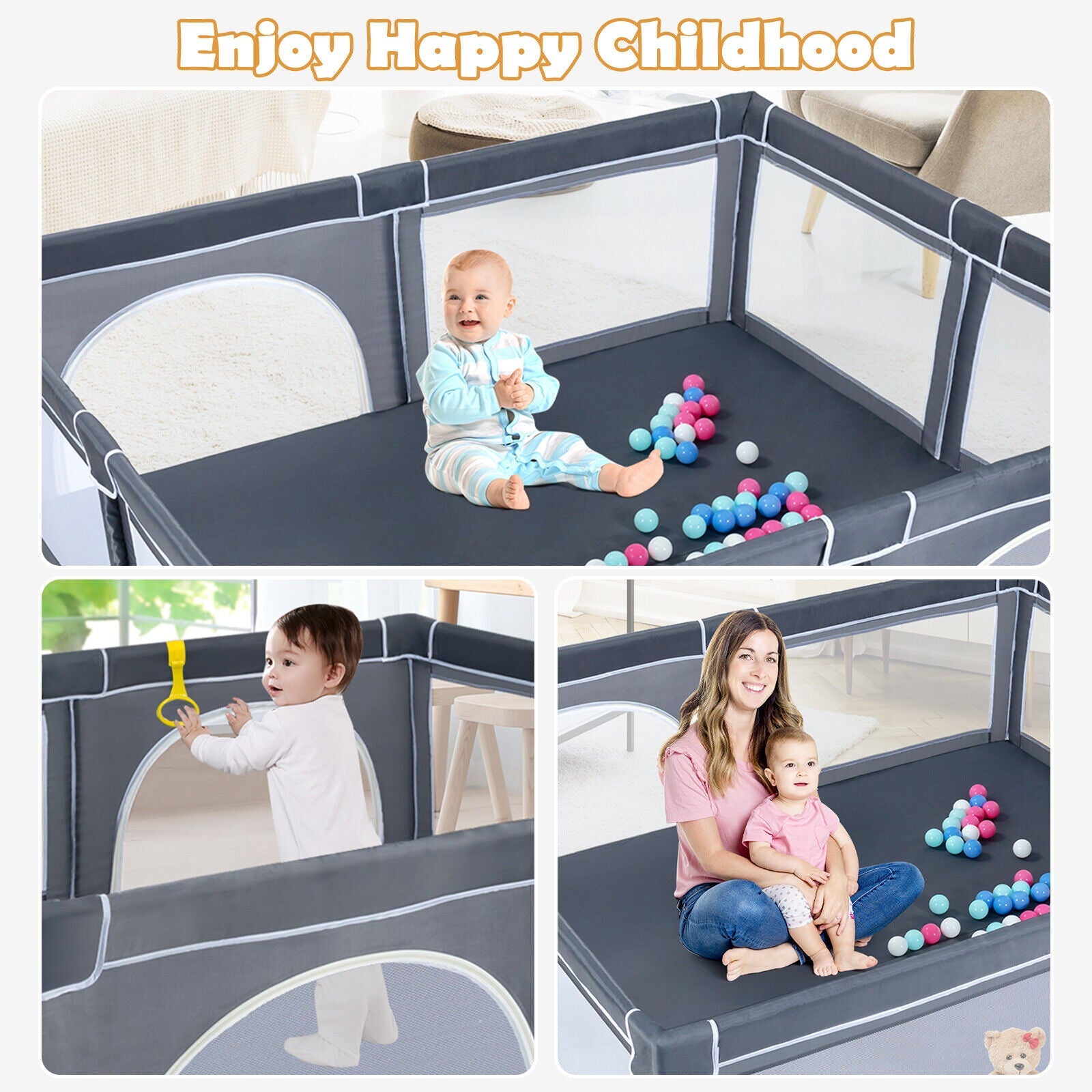 Large Infant Baby Playpen Safety Play Center Yard with 50 Ocean Balls-Dark Gray