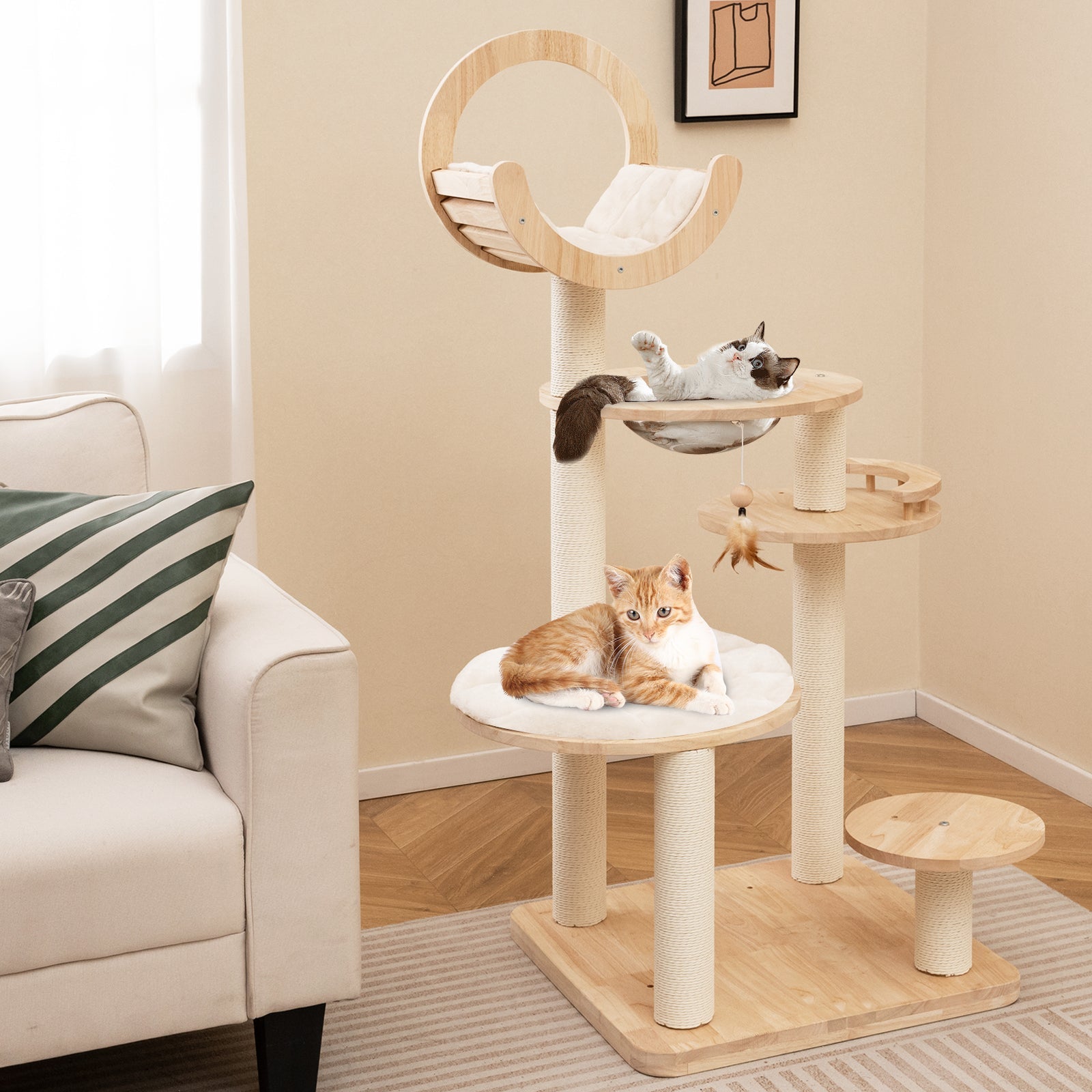 4-in-1 Large Wooden Cat Tower with Space Capsule Nest for Indoor Cats