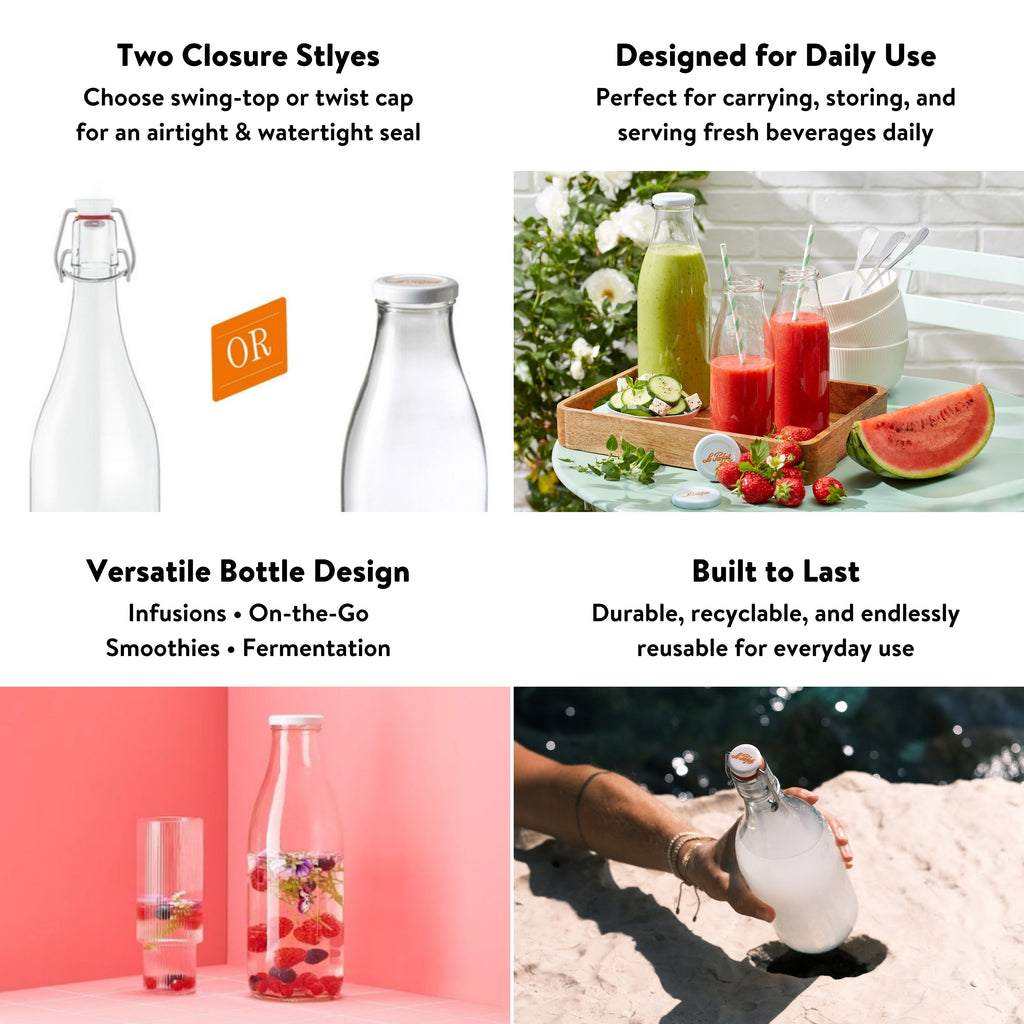Le Parfait Bottles, French Glass Swing-Top and Milk Bottles with Reusable Caps