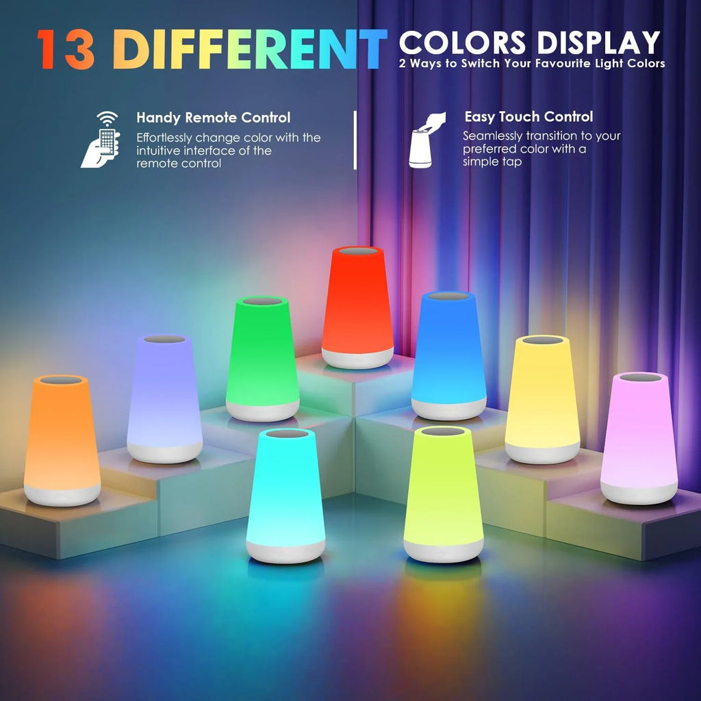 LED 13 - Color RGB Rechargeable Night Light Remote & Touch Control USB Dimmable Portable Bedside Table Lamp - PhishStones Products