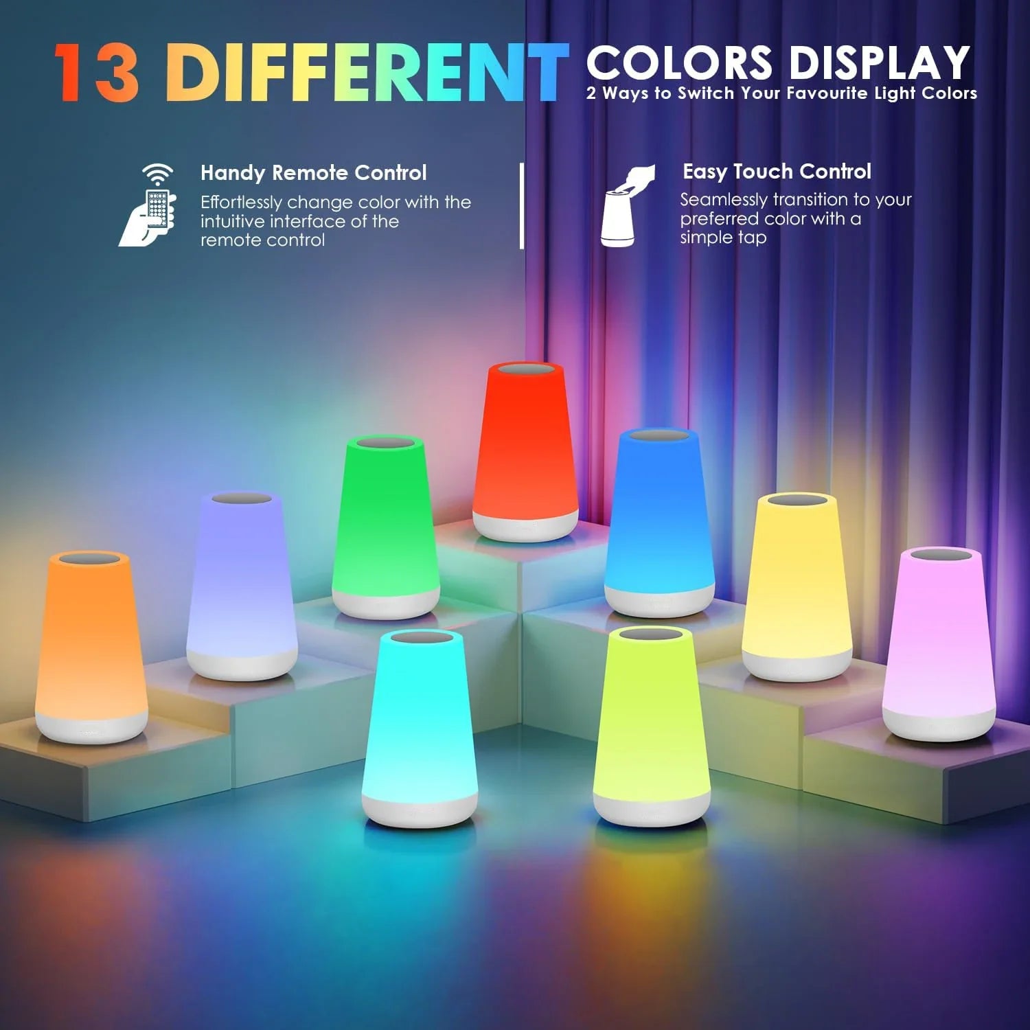 LED 13 - Color RGB Rechargeable Night Light Remote & Touch Control USB Dimmable Portable Bedside Table Lamp - PhishStones Products