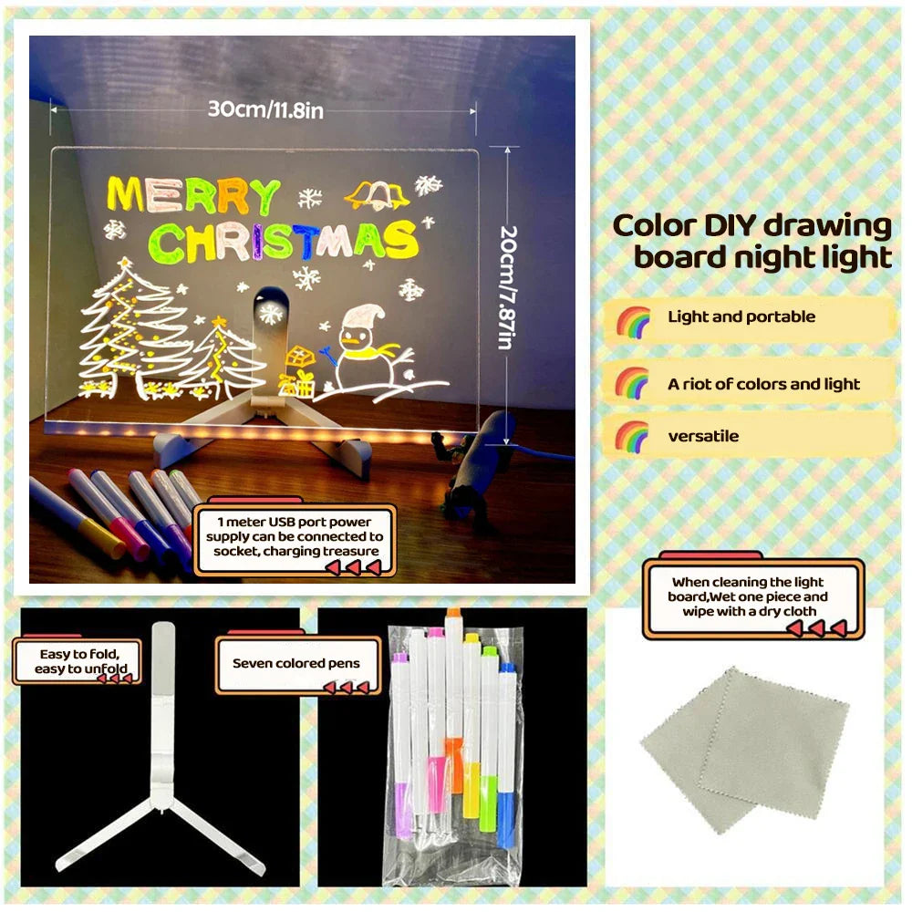 LED Acrylic Message Board with Night Light and 7 Color Pens – DIY Rewritable Kids Drawing & Birthday Gift - PhishStones Products