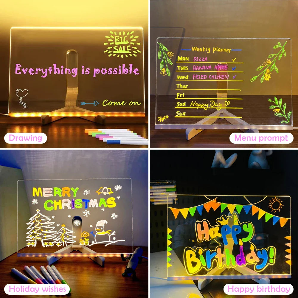 LED Acrylic Message Board with Night Light and 7 Color Pens – DIY Rewritable Kids Drawing & Birthday Gift - PhishStones Products