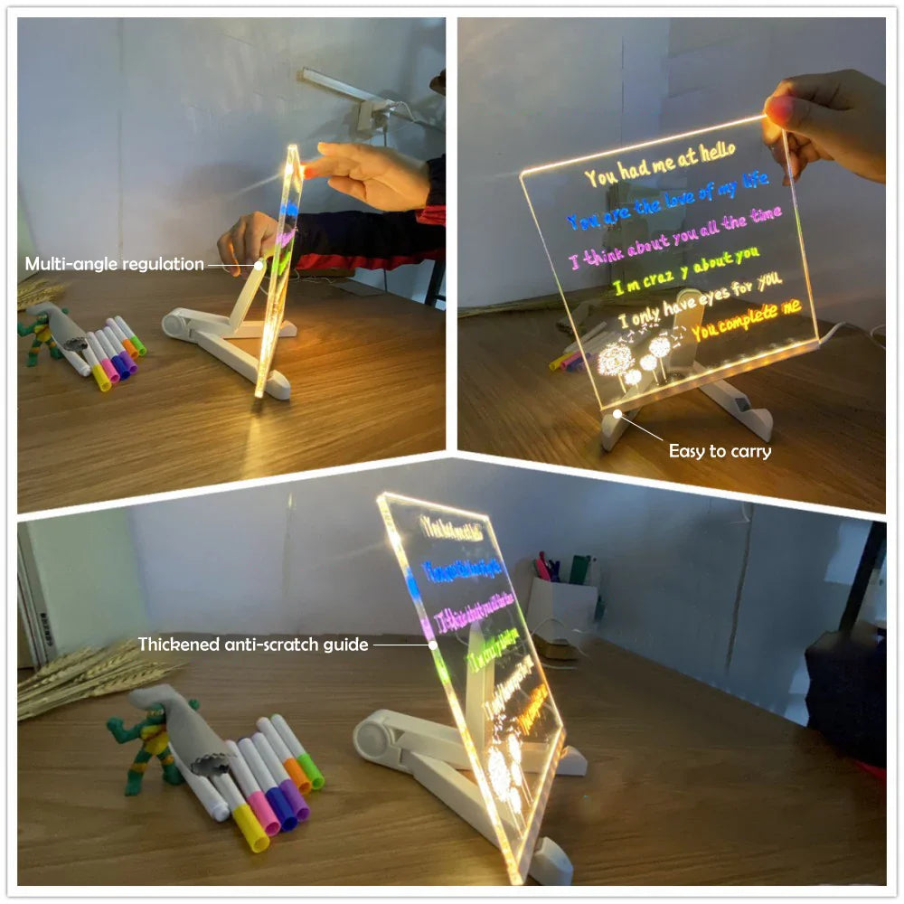 LED Acrylic Message Board with Night Light and 7 Color Pens – DIY Rewritable Kids Drawing & Birthday Gift - PhishStones Products