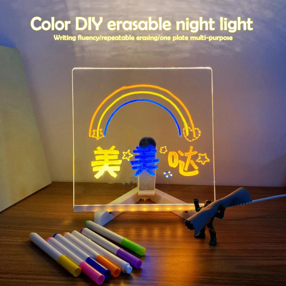 LED Acrylic Message Board with Night Light and 7 Color Pens – DIY Rewritable Kids Drawing & Birthday Gift - PhishStones Products