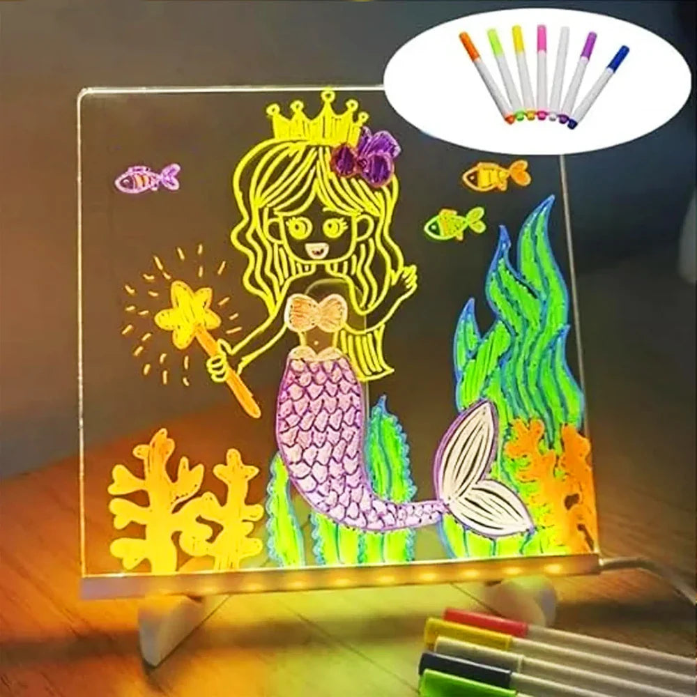 LED Acrylic Message Board with Night Light and 7 Color Pens – DIY Rewritable Kids Drawing & Birthday Gift - PhishStones Products