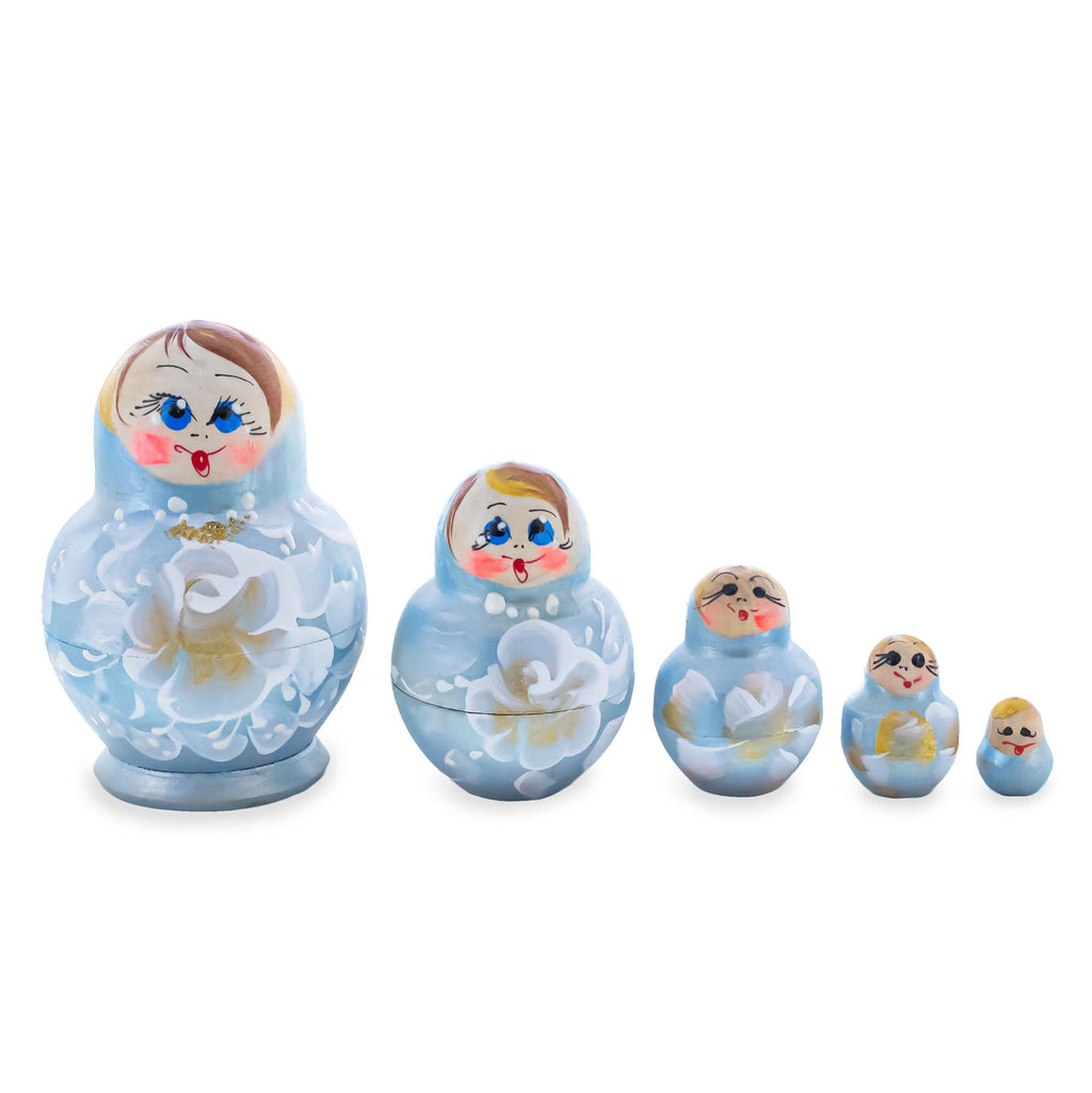 Light Blue Color with White Flowers Wooden Nesting Dolls - PhishStones Products