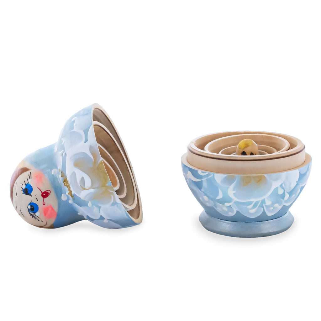 Light Blue Color with White Flowers Wooden Nesting Dolls - PhishStones Products