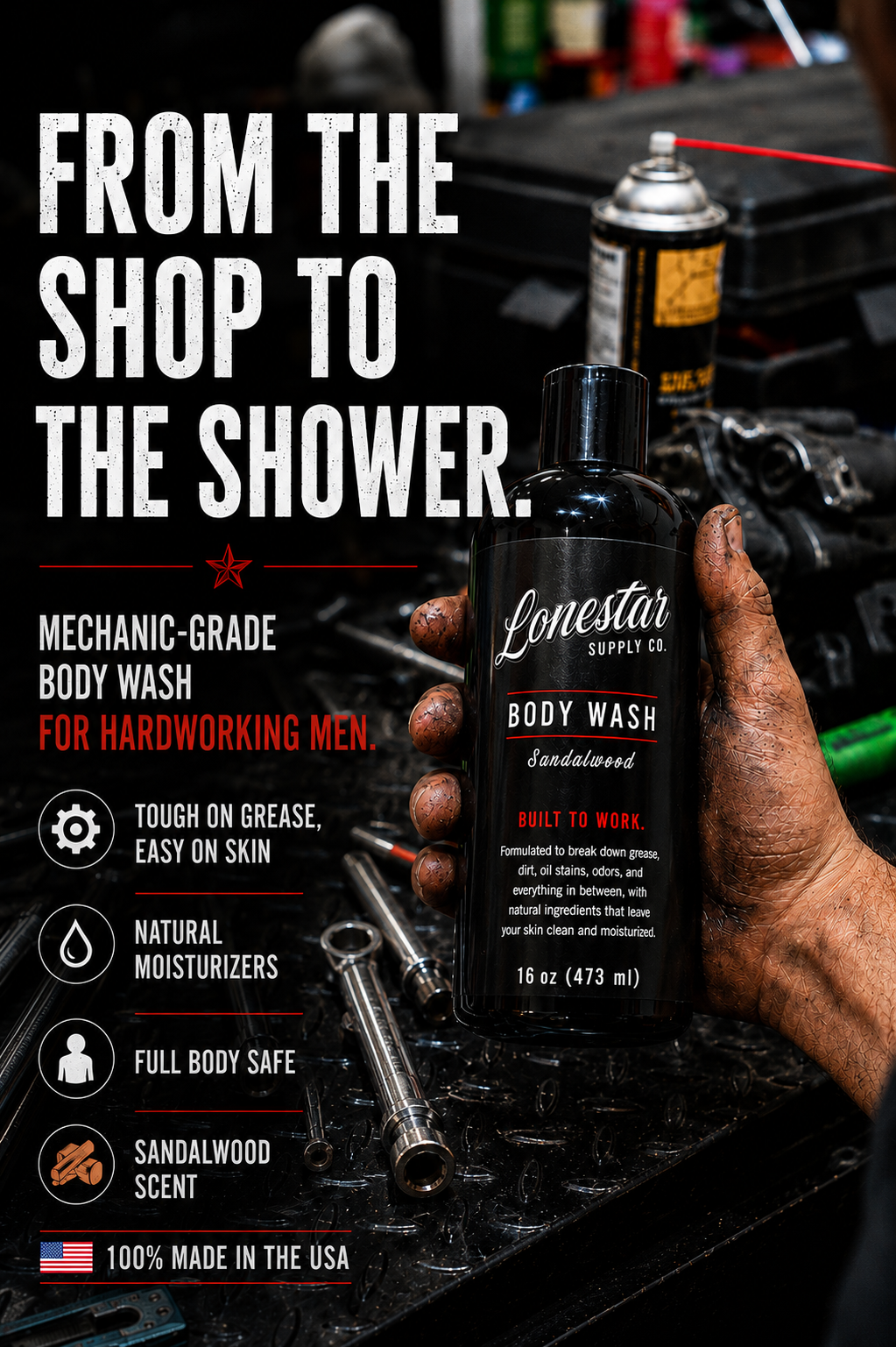 Lonestar™ Supply Co Heavy-Duty Body Wash & Hand Cleaner – Removes Grease, Oil, Dirt & Odors – For Mechanics, Welders, Construction Workers & Tradesmen – Sandalwood – 2 Pack (16 oz Each)