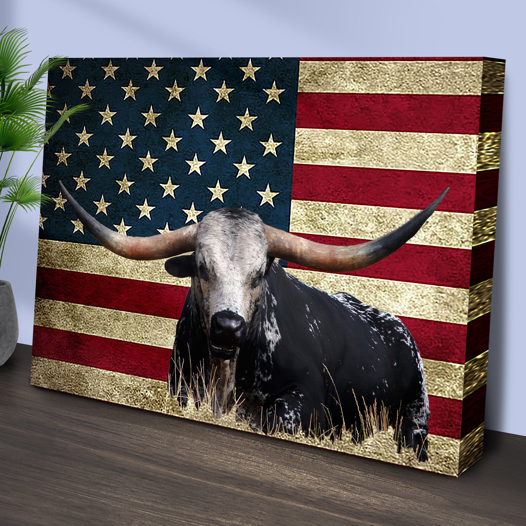 Longhorn Cattle American Flag Canvas Wall Art - PhishStones Products