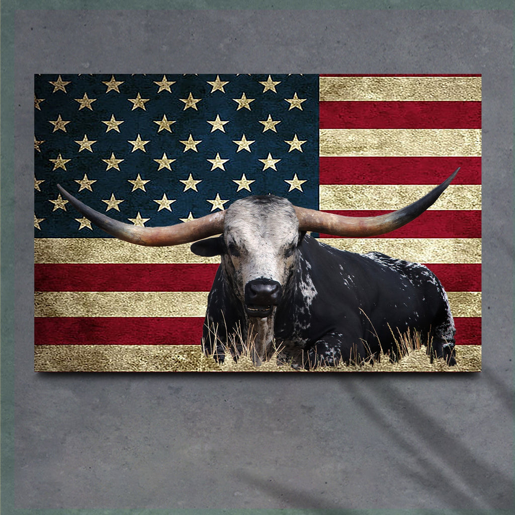 Longhorn Cattle American Flag Canvas Wall Art - PhishStones Products