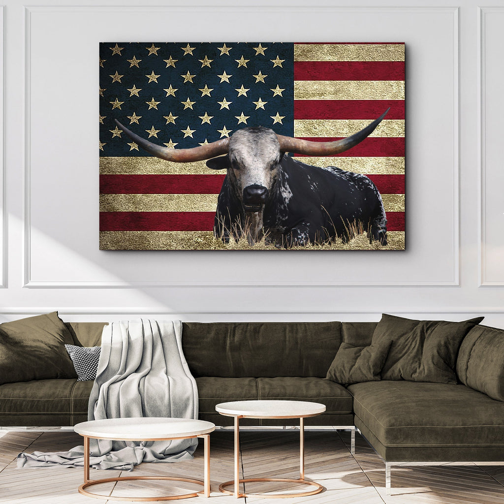 Longhorn Cattle American Flag Canvas Wall Art - PhishStones Products