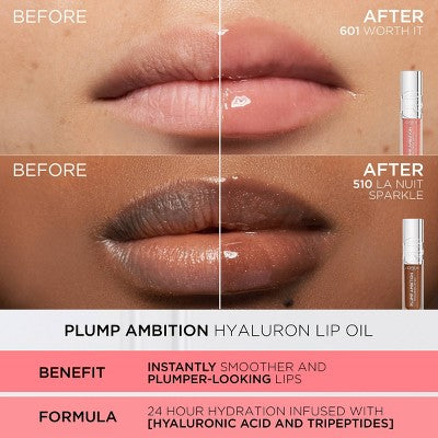 L'Oreal Paris Plump Ambition Hyaluron Lip Oil Plumping Lip Gloss Worth It 0.16 fl oz - New - PhishStones Products