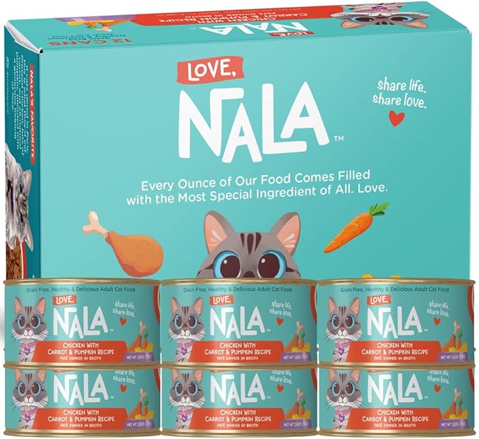 LOVE, NALA - Natural Adult Cat Wet Food - Pate Chicken with Carrot & Pumpkin Recipe - Grain Free, Non - GMO, Lean Protein, Digestive Fiber Blend, Added Minerals & Vitamins - 12 Pack 2.4 lbs. - PhishStones Products