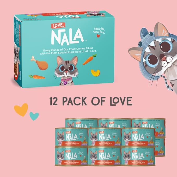 LOVE, NALA - Natural Adult Cat Wet Food - Pate Chicken with Carrot & Pumpkin Recipe - Grain Free, Non - GMO, Lean Protein, Digestive Fiber Blend, Added Minerals & Vitamins - 12 Pack 2.4 lbs. - PhishStones Products