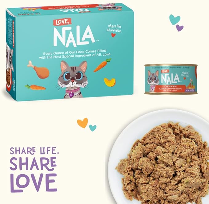LOVE, NALA - Natural Adult Cat Wet Food - Pate Chicken with Carrot & Pumpkin Recipe - Grain Free, Non - GMO, Lean Protein, Digestive Fiber Blend, Added Minerals & Vitamins - 12 Pack 2.4 lbs. - PhishStones Products