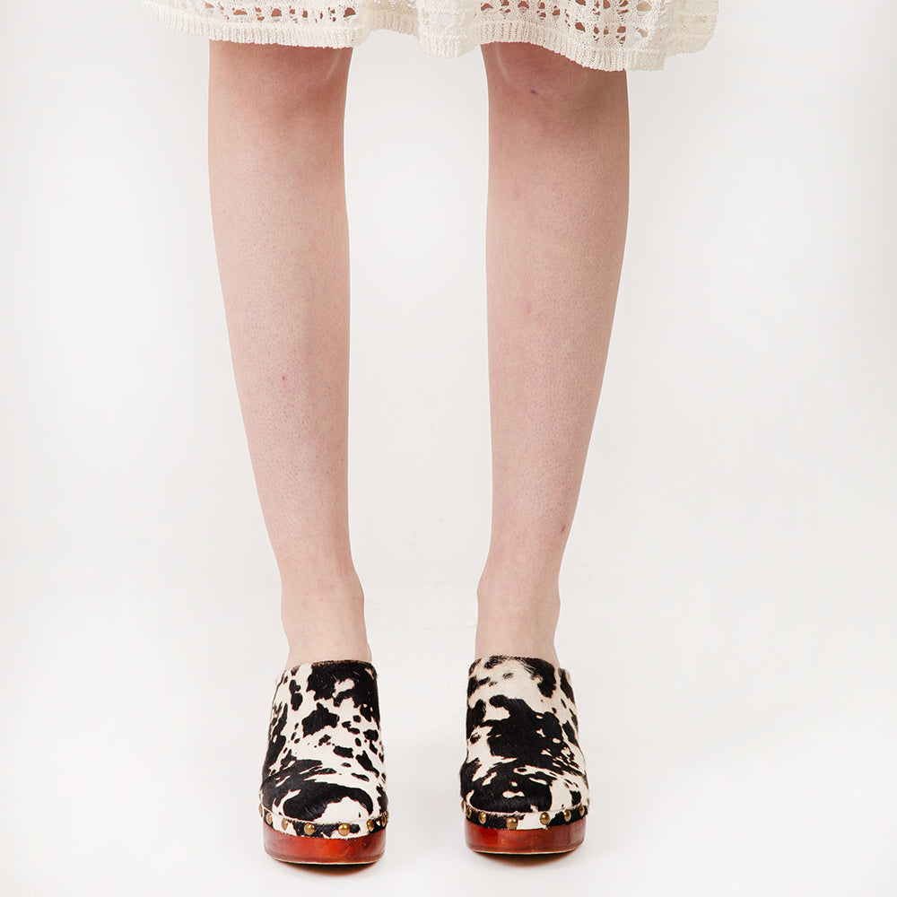 Loyal West Carlotta Trail Clogs Black And White Cowhide - PhishStones Products