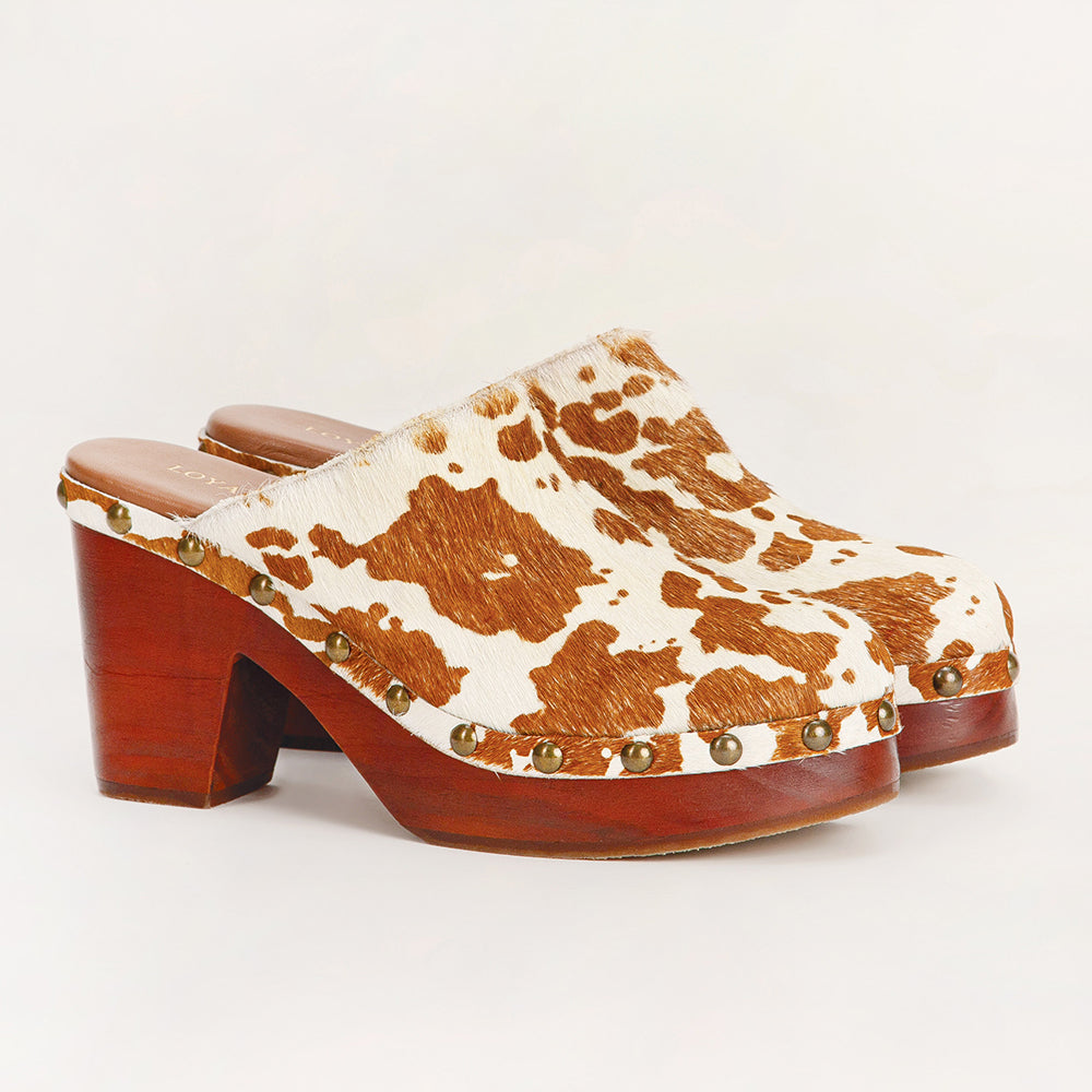 Loyal West Carlotta Trail Clogs Brown And White Cowhide - PhishStones Products