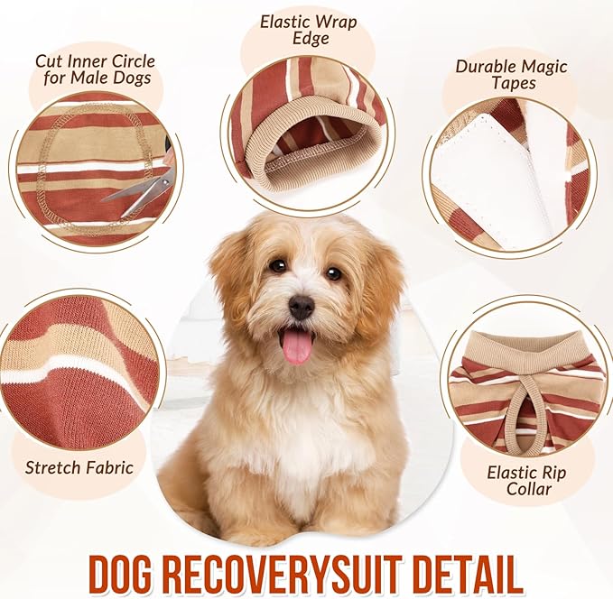 Lukovee Recovery Suit for Dogs, Onesie Surgery Recovery Suit for Female Male Dogs, Abdominal Wounds Cone E - Collar Alternative Prevent Licking Spay Recovery Suit (Brown Stripes,S) - PhishStones Products