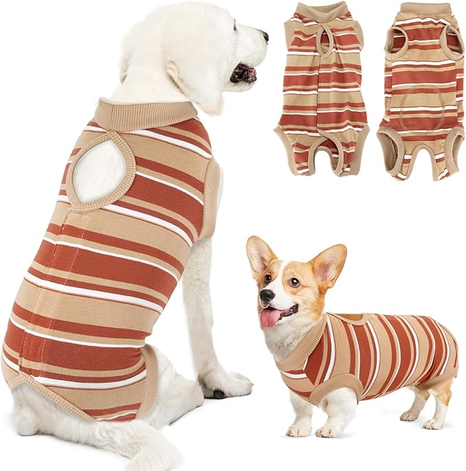 Lukovee Recovery Suit for Dogs, Onesie Surgery Recovery Suit for Female Male Dogs, Abdominal Wounds Cone E - Collar Alternative Prevent Licking Spay Recovery Suit (Brown Stripes,S) - PhishStones Products