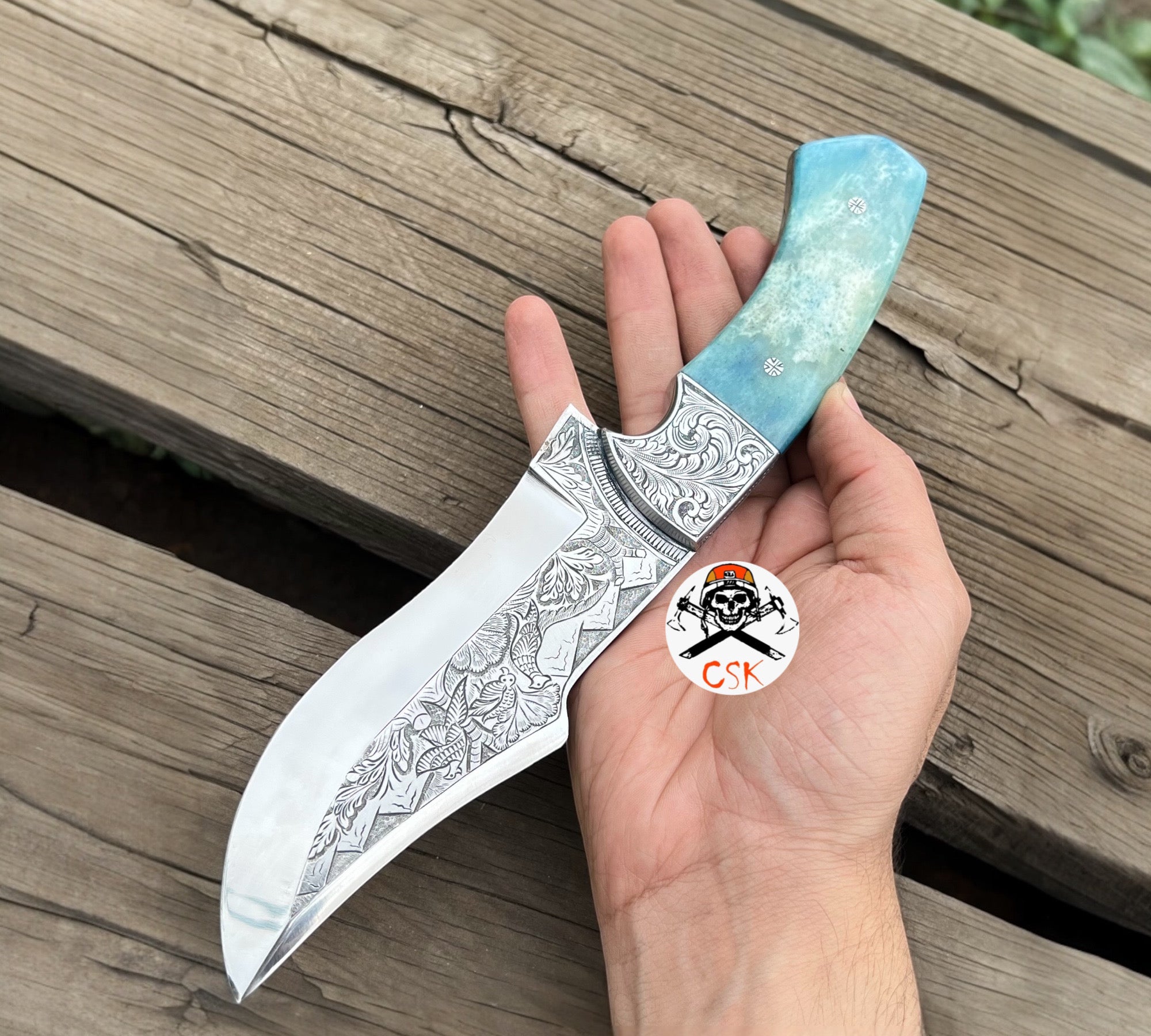 Luxury Hand Engraved Knife - Coloured Bone Handle Collector’s Masterpiece - PhishStones Products