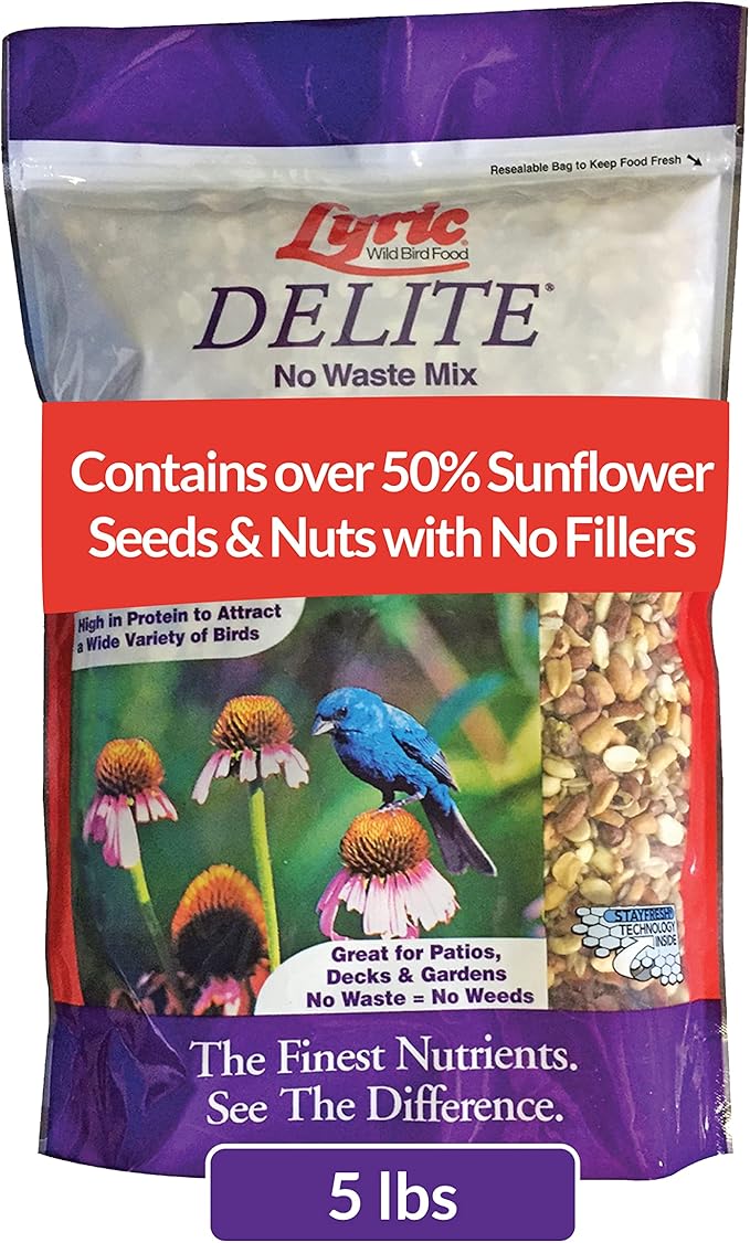 Lyric Delite Wild Bird Seed - No Waste Bird Food Mix with Shell - Free Nuts & Seeds - Attracts Buntings, Chickadees & Finches - 5 lb bag - PhishStones Products