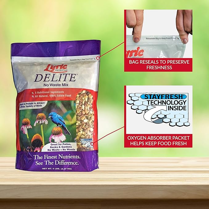 Lyric Delite Wild Bird Seed - No Waste Bird Food Mix with Shell - Free Nuts & Seeds - Attracts Buntings, Chickadees & Finches - 5 lb bag - PhishStones Products